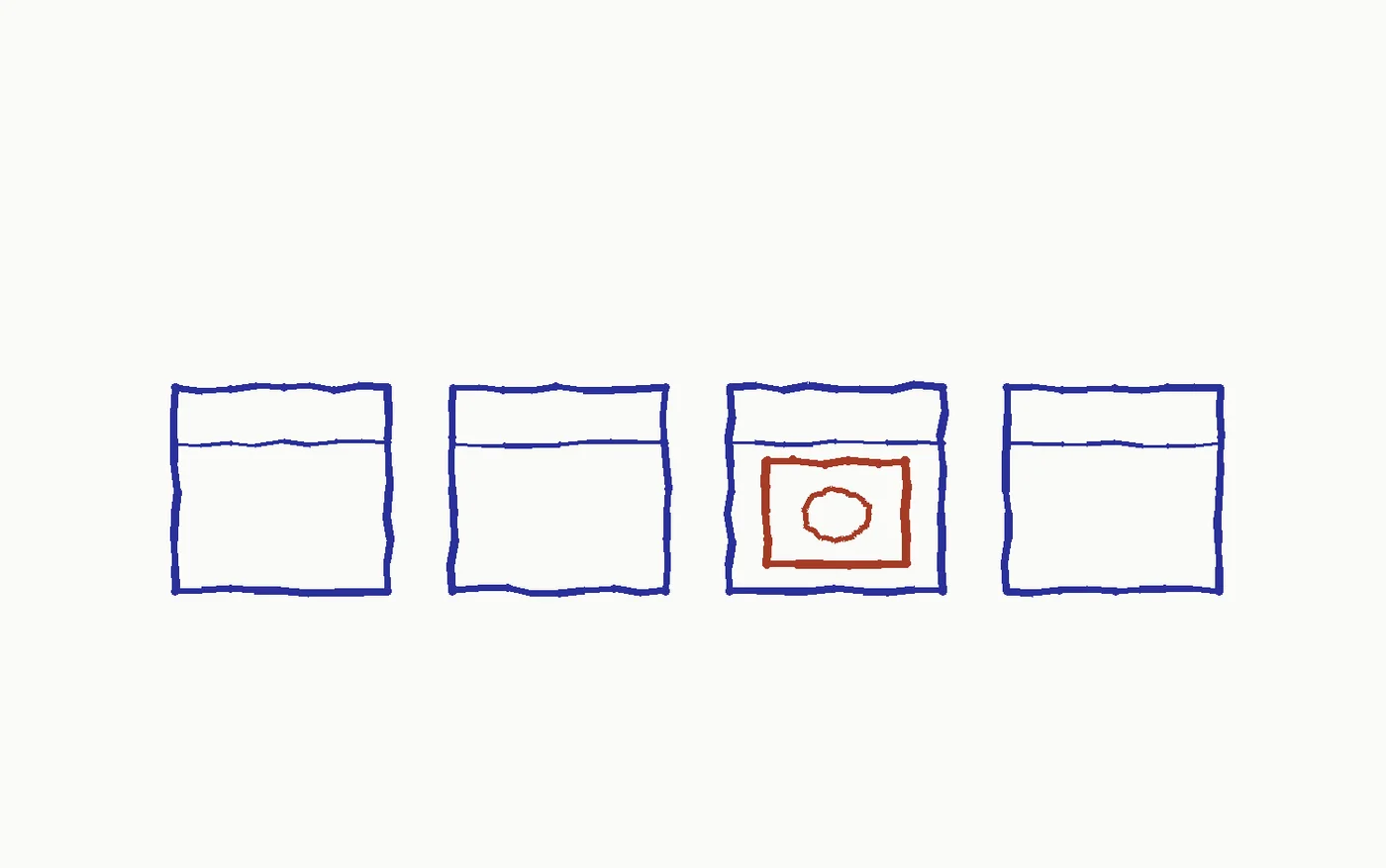 Marker drawing of four labeled trays in a row with the same stamped parcel moving across