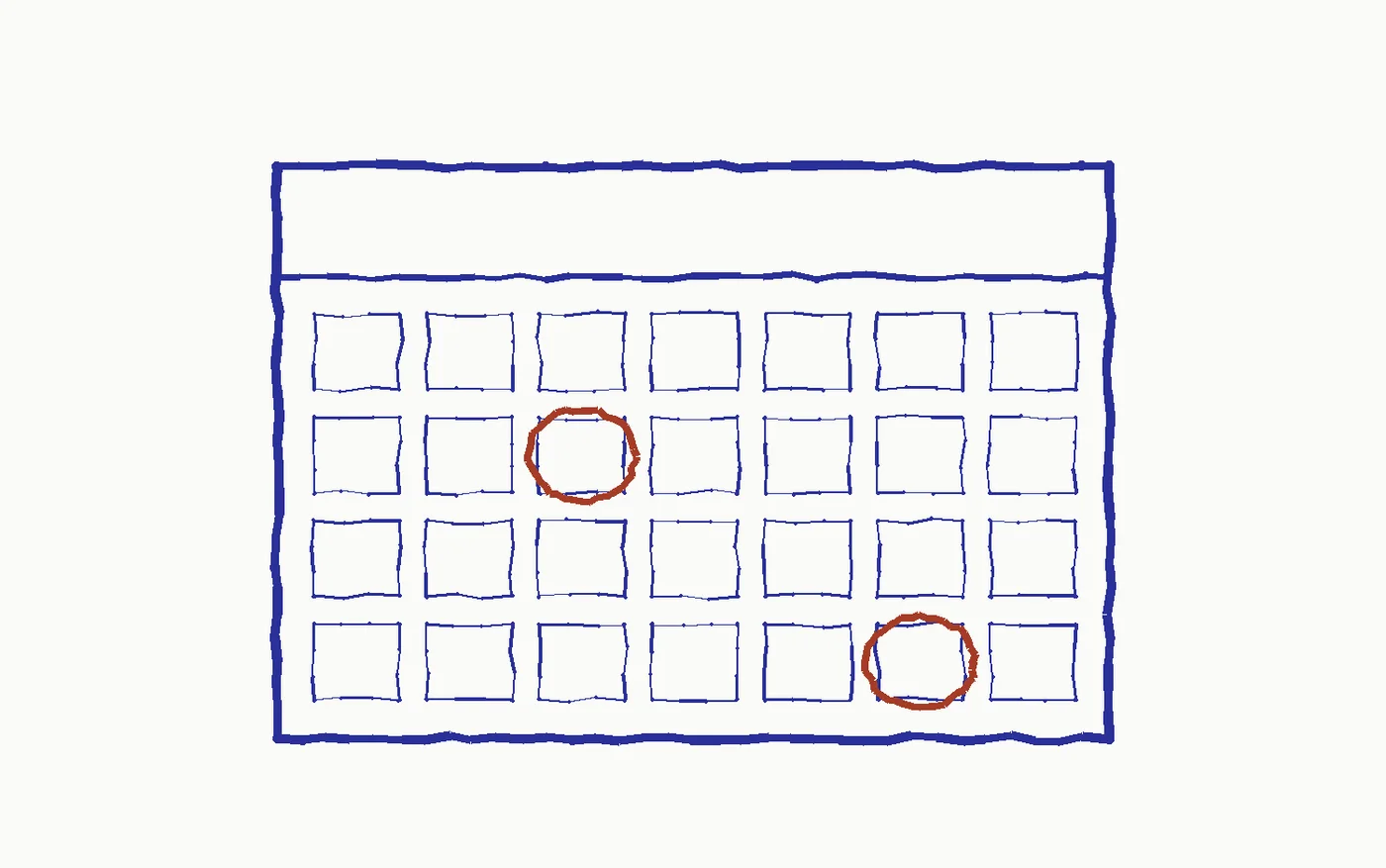 Marker drawing of a wall calendar with two release days circled per month