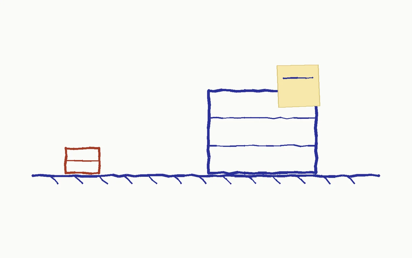 Marker drawing of one small parcel moving along a conveyor while a large crate waits