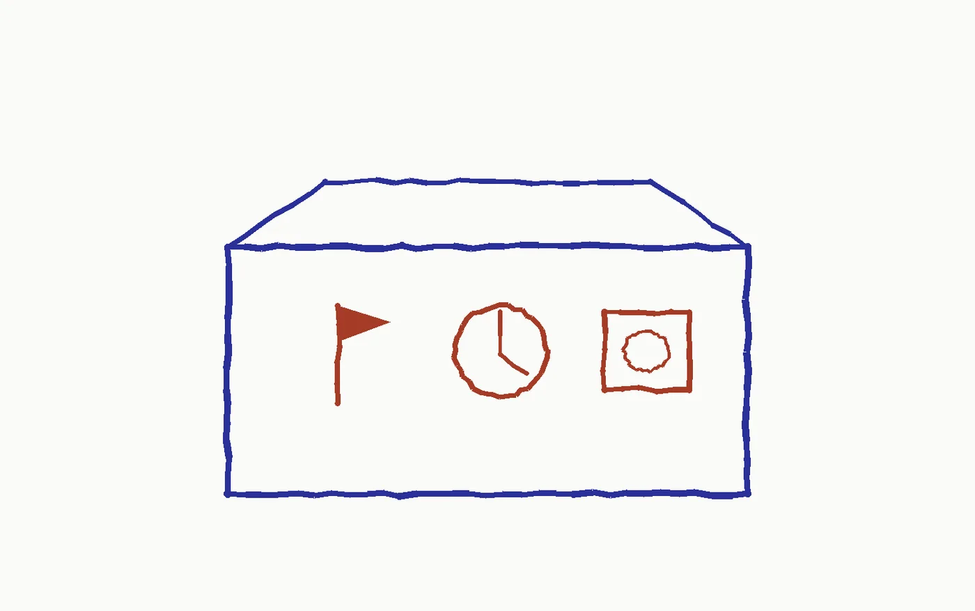 Marker drawing of a toolbox with one flag, one stopwatch and one rubber stamp inside