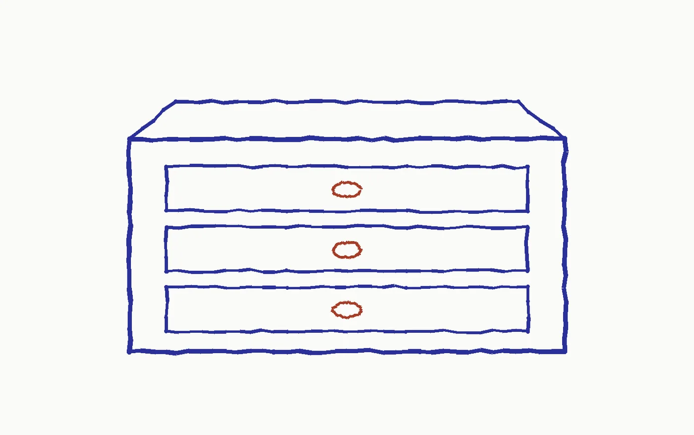 Marker drawing of a workbench with three labeled drawers